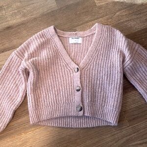 Pink fuzzy cardigan. Brand is Old Navy. Kids medium.